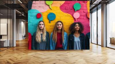 A diverse group of young adults stands together in front of a vibrant mural featuring colorful thought bubbles, highlighting the importance of mental health awareness for everyone Wall mural