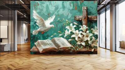 A peaceful dove in flight above an open bible, with white lilies and a wooden cross in the ethereal, misty background, conveying a sense of Easter, spirituality and tranquility. Wall mural