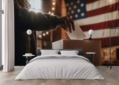 A person casts their vote into a ballot box in a polling place, illuminated by warm light, with an American flag behind them. Wall mural