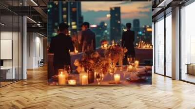 A romantic outdoor roof top dining setting as the sun sets, with guests enjoying the ambiance of warm candlelight and city views. Birthday, corporate party celebration. Wall mural