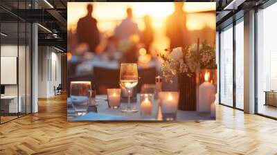 A romantic outdoor roof top dining setting as the sun sets, with guests enjoying the ambiance of warm candlelight and city views. Birthday, corporate party celebration. Wall mural