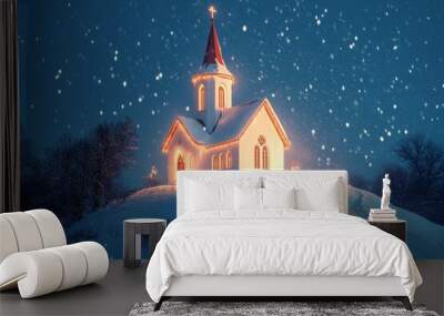 A small church illuminated at night amidst falling snow on a winter evening Wall mural