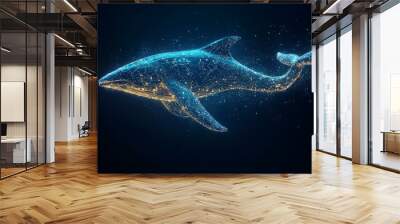 A tech-savvy whale swims gracefully through a deep blue digital ocean, showcasing dynamic lines and a glossy reflection that highlights its streamlined design and three-dimensional effect Wall mural