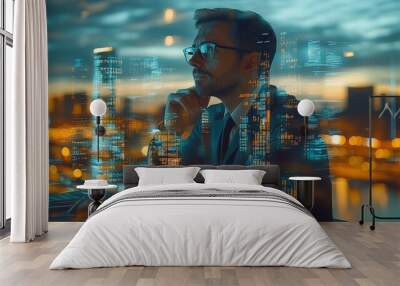 A thoughtful businessman analyzes data and trends in a double exposure setting, showcasing urban landscapes at twilight Wall mural