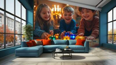 Children joyfully playing with dreidels on the floor while surrounded by holiday decorations and a lit menorah during Hanukkah celebrations Wall mural