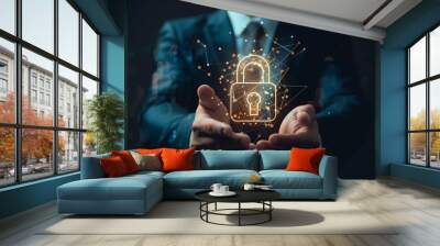 Close-up of a businessman's hands showcasing a glowing padlock symbol, conceptualizing secure business practices and data protection.. Wall mural