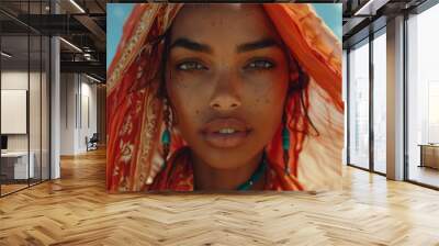 Close-up of a woman with an orange sheer scarf covering her head, set against a blue sky with scattered clouds. Fashion and beauty concept Wall mural