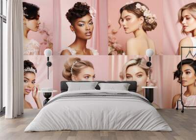 Collage with bridal hairstyles and makeup collection. Romantic and trendy look for wedding celebration Wall mural