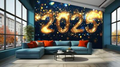 Colorful glowing text reading 2025 shines brightly against a dark backdrop with glitter and sparkling lights, capturing the festive spirit of the New Year celebration Wall mural