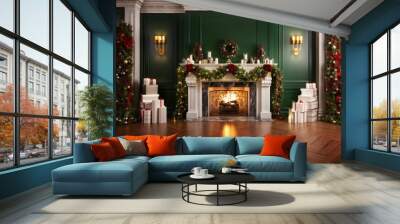 Cozy fireplace decorated with christmas garland in the traditional living interior Wall mural