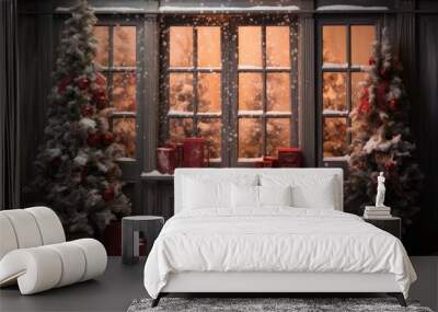 Cristmas backdrop with xmas tree, gifts and lights Wall mural