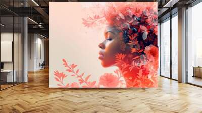 Digital art of a serene woman with a vibrant burst of flowers in her hair, conveying a sense of peace and natural beauty.. Wall mural