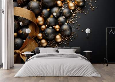 Fancy golden and black christmas background with ornaments. Greeting card mockup Wall mural