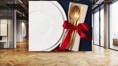 Festive christmas, wedding, birthday table setting with golden cutlery and porcelain plate. Mockup for place card, restaurant menu template. Copy space Wall mural