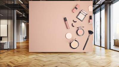 Flat lay with set of professional decorative cosmetics, makeup tools and woman spring, summer accessories over pink background with copy space. Beauty blog, fashion, party, shopping Wall mural