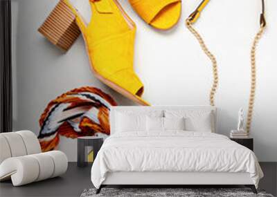 Flat lay with woman fashion accessories in yellow colors. Fashion, online beauty blog, summer style, shopping and trends idea Wall mural