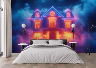 Minimalist neon haunted house illuminated by swirling mist at night Wall mural