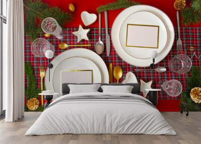 Mockup of festive decoration of christmas table for the party Wall mural