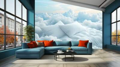 Soft white pillows resting atop fluffy clouds in a tranquil blue sky creating a serene atmosphere for relaxation and restful sleep Wall mural