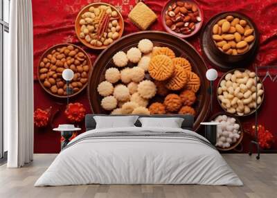 Top view of chinese new year desserts and sweets Wall mural