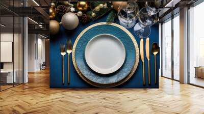 Top view of elegant and festive christmas table setting with xmas decoration and ornaments. Flat lay, mockup Wall mural