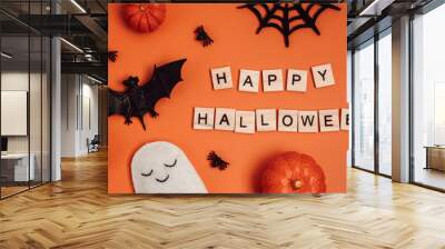 Top view of Halloween decoration with text happy halloween. Party, invitation, halloween decoration concept. Flat lay, overhead, copy space, banner. Wall mural