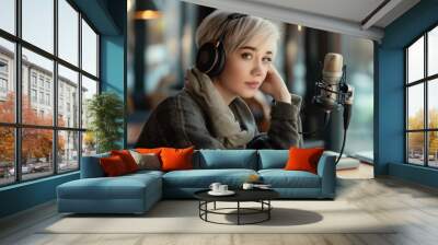 Young woman with short blonde hair wearing headphones, sitting in front of a microphone in a cozy indoor setting. Podcast recording environment. Wall mural