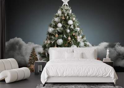 A beautifully decorated Christmas tree adorned with ornaments and presents set against a moody backdrop Wall mural