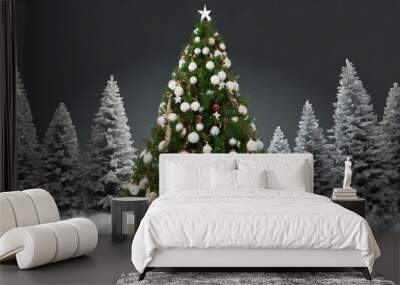 A beautifully decorated Christmas tree stands tall amidst snowy pines in a cozy winter setting, perfect for celebrating the holiday Wall mural