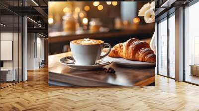 A cozy morning with coffee and a croissant at a charming café, illuminated by warm sunlight and twinkling lights Wall mural