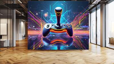 A futuristic game controller placed on a reflective surface with vibrant neon lights and digital elements in the background Wall mural