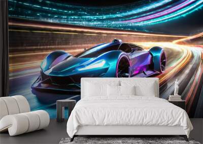 A futuristic sports car speeding through an illuminated urban environment at night with vibrant light trails Wall mural