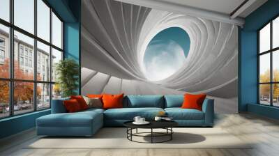 A spiral architectural design with a view of clouds through an open space, showcasing modern creativity and structure Wall mural