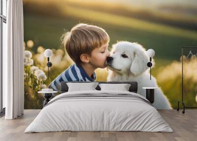 A young boy shares a tender moment by kissing his fluffy puppy amidst blooming dandelions in a sunlit meadow during golden hour Wall mural