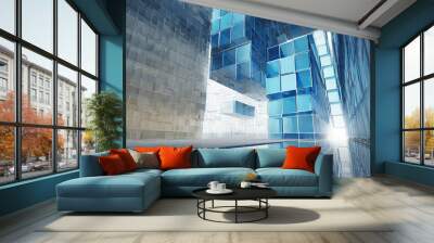 An abstract architectural structure featuring reflective glass cubes in a modern urban setting with light streaming through Wall mural