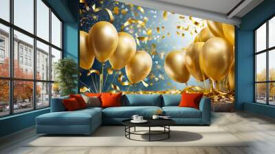 Celebration with gold balloons and confetti on a vibrant backdrop during a festive event Wall mural