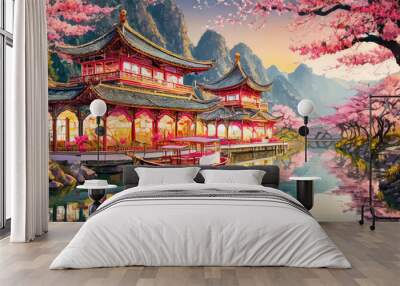 Chinese temple landscape with forest and mountains in the background, anime style. Wall mural