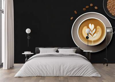 Cup of coffee on black background. Copy space. Top view. Flat lay. Panorama Wall mural