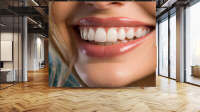 Dental health concept: woman smiling close up. Isolated on white. Wall mural