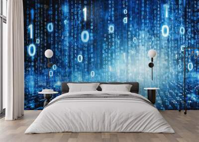 Digital display of binary code streaming in vibrant blue hues, creating an immersive data-focused atmosphere Wall mural