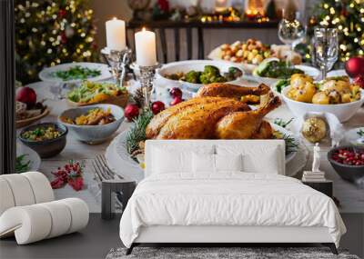 Festive holiday dinner with a beautifully roasted turkey and assorted side dishes set on a table adorned with decorations and lights Wall mural