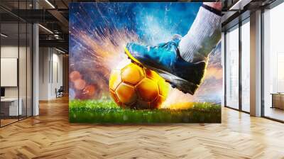 Football scene at night match with close up of a soccer shoe hitting the ball with power Wall mural