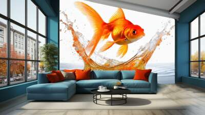 Goldfish jumping out of round fishbowl into freedom Wall mural