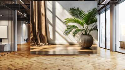 Plant against a white wall mockup. White wall mockup with brown curtain, plant and wood floor. 3D illustration Wall mural