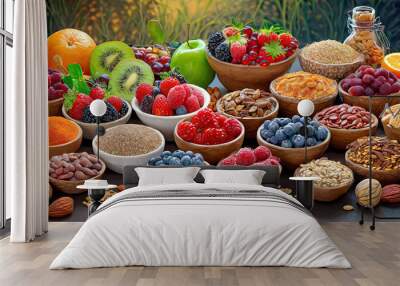 Selection of healthy food on rustic wooden background Wall mural