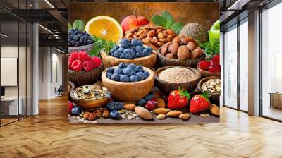 Selection of healthy food on rustic wooden background Wall mural