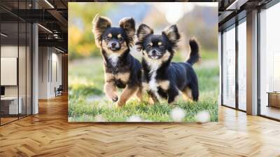 two adorable small dogs playing outdoors together Vocalizing dogs. Funny puppies Beagle dog and brown cat lying together on the footpath outdoor in the park, Wall mural