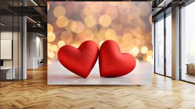 Valentine day background or greeting card with two red hearts against festive lights. Wall mural