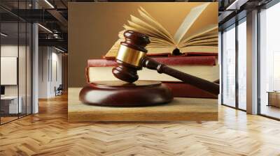 Wooden gavel and books on wooden table, law concept Wall mural