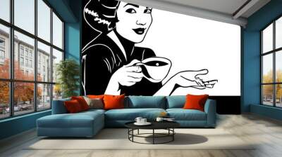 Vintage Advertising Woman Drinking Coffee Black And White Vector Style. Based on Generative AI. Wall mural